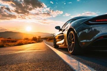 A fast sports car with silver paintwork drives along a lonely road towards the sun.
