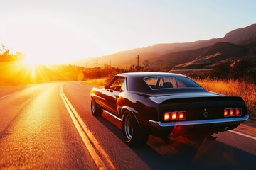 Fototapeta premium A muscle car driving into the sunset.