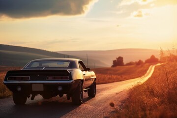 A muscle car driving into the sunset.