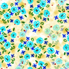 Digital Watercolor Floral Blue and Beige Seamless Pattern
