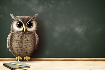 adorable owl in front of a chalkboard banner with room for text. Generative AI
