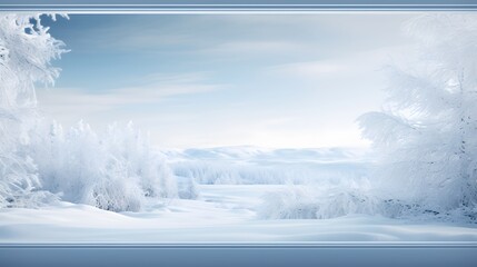 Serene and crisp: A close-up of a frosted windowpane, framing a view of a peaceful winter landscape with distant hills.