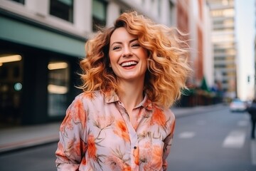 Portrait of a happy young woman with curly hair in the city