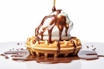Delicious dessert with waffle cup, chocolate splashes, cream on white. Close-up. Generative AI