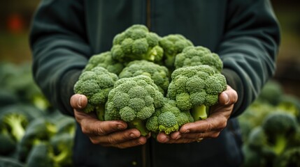 farmers hand holding a bunch of freshly harvested broccoli
