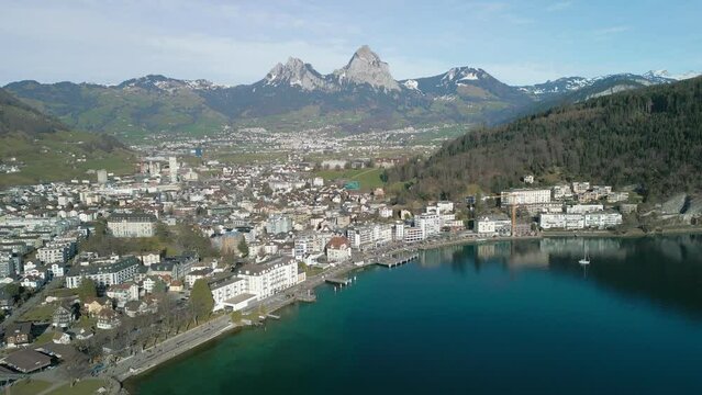 Panoramic aerial view of Brunnen and  Ingenbohl, Switzerland