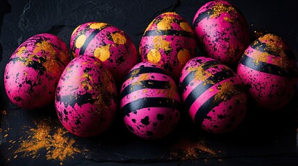Fototapeta na wymiar Artistic pink and black Easter eggs with gold accents