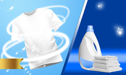 Fabric softener advertising design. White t-shirt, bottle of conditioner and soft clean towels on blue background