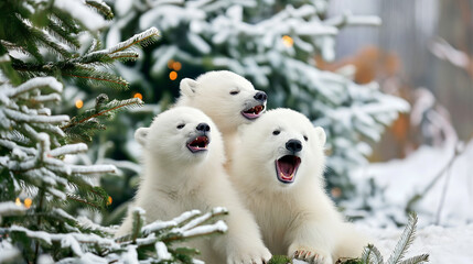 Winter Wonderland Wonders.  Charming Christmas Greetings with Baby Polar Bears Cubs in the Snow. - obrazy, fototapety, plakaty