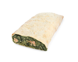 Tasty strudel with salmon and spinach isolated on white