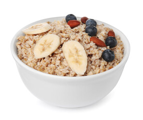 Tasty boiled oatmeal with banana, blueberries and almonds in bowl isolated on white
