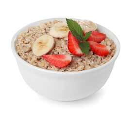 Tasty boiled oatmeal with strawberry and banana in bowl isolated on white