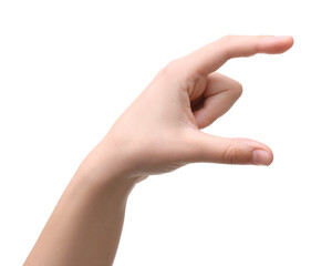 Woman holding something in hand on white background, closeup