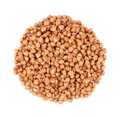 Many dry buckwheat grains isolated on white, top view