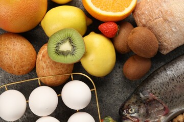 Allergenic food. Different fresh products on grey table, flat lay