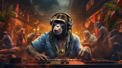 stylish monkey DJ - obrazy, fototapety, plakaty