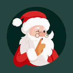 Cute Santa Claus winking and putting finger to lips and asking for silence. Flat cartoon style vector illustration. For Christmas cards. Holiday cartoon character