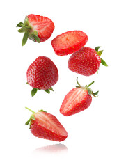 Fresh ripe strawberries falling on white background - obrazy, fototapety, plakaty