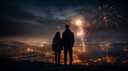 Fototapeta premium Man and woman stand and watch the fireworks set off at the celebration.