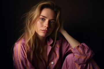 Portrait of a beautiful girl in a pink shirt on a dark background