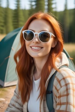 Portrait of a smiling red hair white woman wearing sunglasses camping in nature, generative AI, background image
