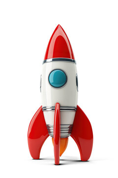 Retro Toy Rocket with Red Fins | Transparent & White Background | PNG File with Transparency