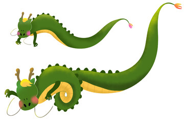 空を飛ぶ大小２匹の龍の手書きイラスト