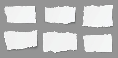 Set of paper different shapes tears isolated on white background. Pieces of torn white note paper different shapes isolated on gray background realistic vector illustration
