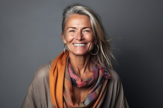 Portrait of a happy senior woman wearing scarf over grey background.