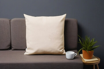 A close-up view of a gray sofa and a beige pillows, a coffee cup, and a plant, with a very cozy and chic atmospheric...