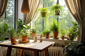 a hanging plant in holder near a window with potted plants and curtain on table with wooden table. Generative AI - obrazy, fototapety, plakaty