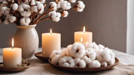Fototapeta na wymiar stylish Table with cotton flowers and three aroma candles near light wall