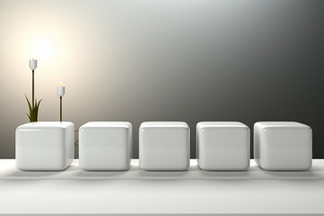 Eight white rectangular boxes of varying heights in a white wall, in the style of minimalist backgrounds, tabletop photography, 32k uhd, soft and rounded forms, ethereal composition, minimalist stage 