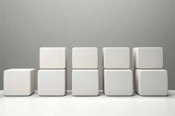 Eight white rectangular boxes of varying heights in a white wall, in the style of minimalist backgrounds, tabletop photography, 32k uhd, soft and rounded forms, ethereal composition, minimalist stage 