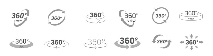 360 degrees view icon set. Rotation or panoramas to 360 degrees icon. 360 degree views of vector circle icons set isolated from the background. Signs with arrows to indicate the rotation or panoramas
