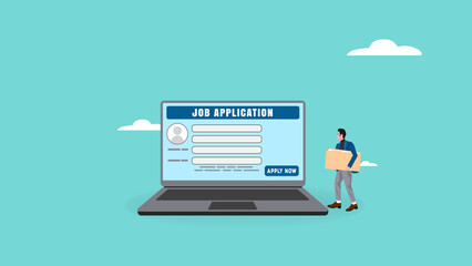 job application concept vector illustration with people bring resume document to job application table to apply this job. apply job illustration. searching professional staff, recruitment concept - obrazy, fototapety, plakaty