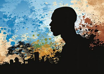 Silhouette of a person against a colorful abstract background with city skyline