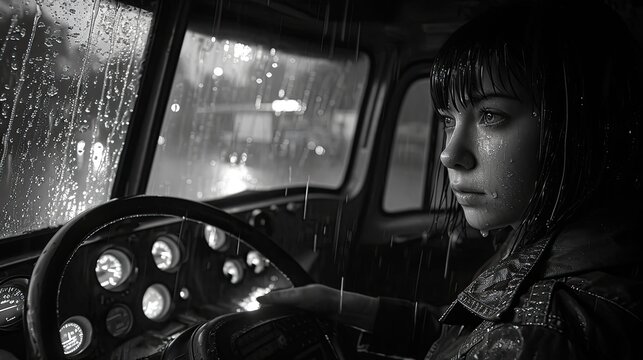 Young woman driving in the rain at night, black and white photography