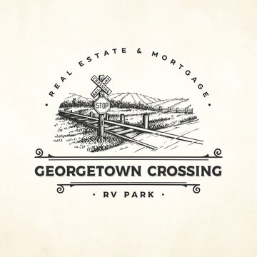 Vintage style logo for a rustic RV park or campground, featuring a stop sign with a silhouette of an RV and pine trees