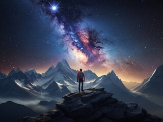 Man standing on the top of the mountain, back view, staring the milky way - obrazy, fototapety, plakaty