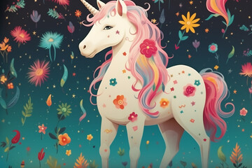 a brightly colored unicorn with stars, in the style of characterized animals, light beige and pink, pattern designs, tinycore, pictorial fabrics, shaped canvases, holotone printing