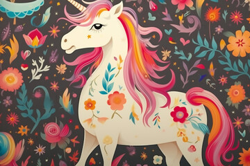 a brightly colored unicorn with stars, in the style of characterized animals, light beige and pink, pattern designs, tinycore, pictorial fabrics, shaped canvases, holotone printing