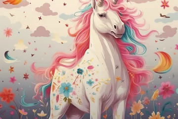 Fotobehang a brightly colored unicorn with stars, in the style of characterized animals, light beige and pink, pattern designs, tinycore, pictorial fabrics, shaped canvases, holotone printing © 성우 양