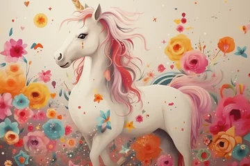 Poster a brightly colored unicorn with stars, in the style of characterized animals, light beige and pink, pattern designs, tinycore, pictorial fabrics, shaped canvases, holotone printing © 성우 양