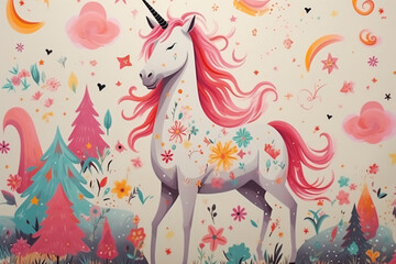 a brightly colored unicorn with stars, in the style of characterized animals, light beige and pink, pattern designs, tinycore, pictorial fabrics, shaped canvases, holotone printing - obrazy, fototapety, plakaty