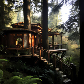 Cozy treehouse nestled high among the branches of an ancient redwood.
