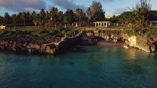 Drone shot of Taga beach during sunset, Tinian island