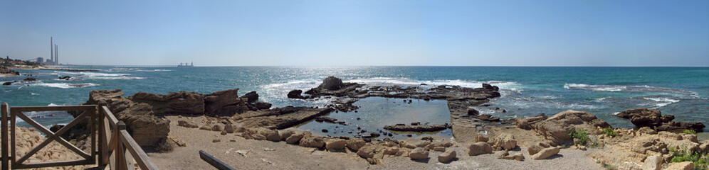 Fototapeta na wymiar Ceasarea maritima coast panoramic view with ancient roman ruins