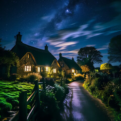 A serene night sky over a countryside dotted with quaint cottages.