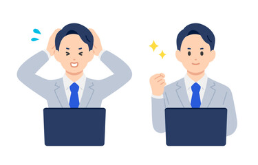 パソコンを見て焦る･ガッツポーズをするビジネスパーソン男性のセット【人物ベクターイラスト素材】